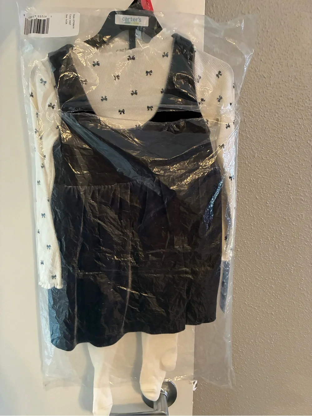Carter's Black Velvet Pinafore Dress with Cream Bow-Print Top